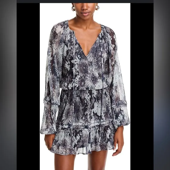 Black Grey Snakeskin Print Drop waist flounce Skirt flowy long sleeve dress XS
