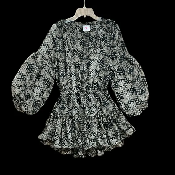 Black Grey Snakeskin Print Drop waist flounce Skirt flowy long sleeve dress XS
