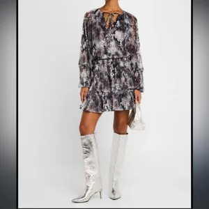 Black Grey Snakeskin Print Drop waist flounce Skirt flowy long sleeve dress XS