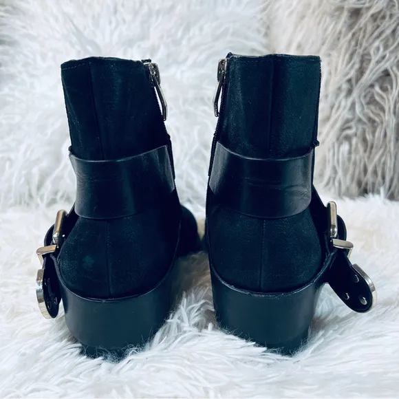 Black Leather Buckle Ankle Bootie Boots  s…