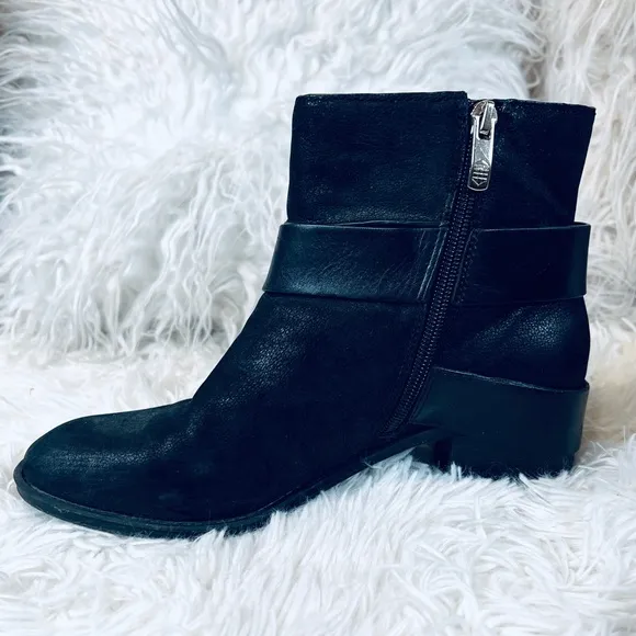 Black Leather Buckle Ankle Bootie Boots  s…