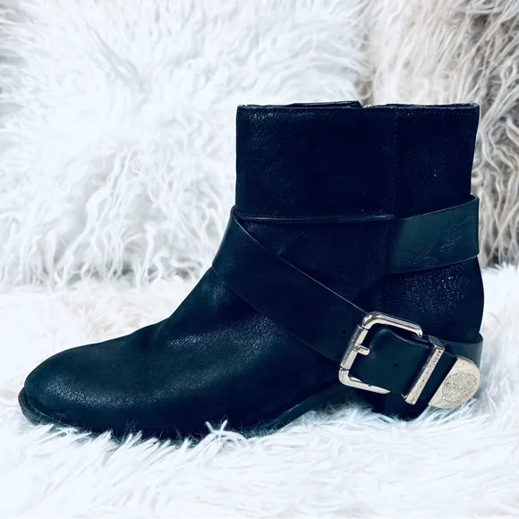 Black Leather Buckle Ankle Bootie Boots  s…