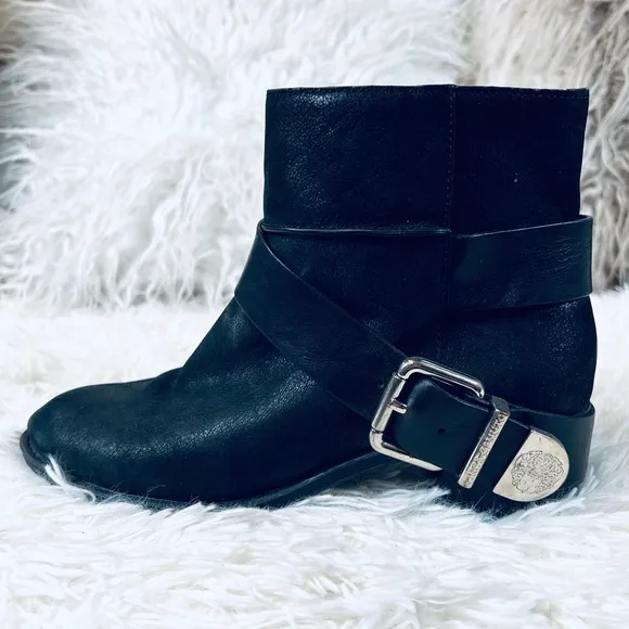 Black Leather Buckle Ankle Bootie Boots  s…
