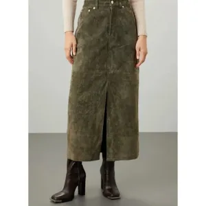 Blank NYC Skirt Womens 25 Green Leather Midi Hunter Front Slit Retro Weathered