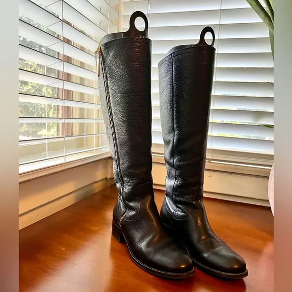 Boden black leather riding boots gold zipper hardware tall size 36