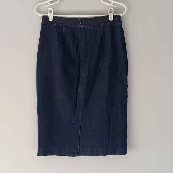 Boden Blue Denim Pencil Midi Skirt Purple Waistband Detail Lined Size 6L