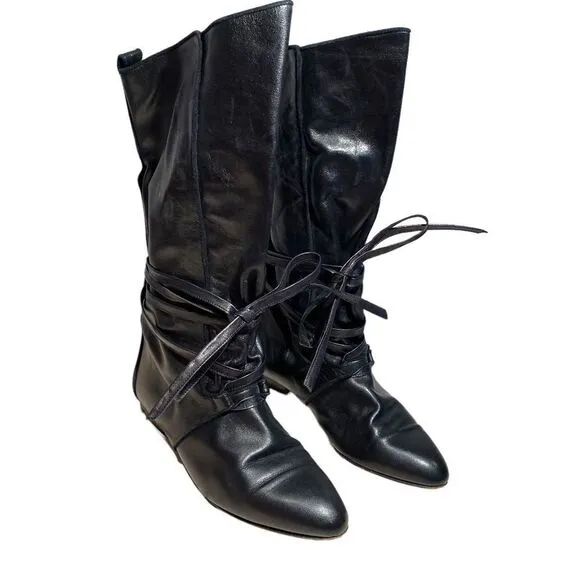 Bohemian Capretto Tall Black Leather Boots With Wrap Around Ties Size 7.5
