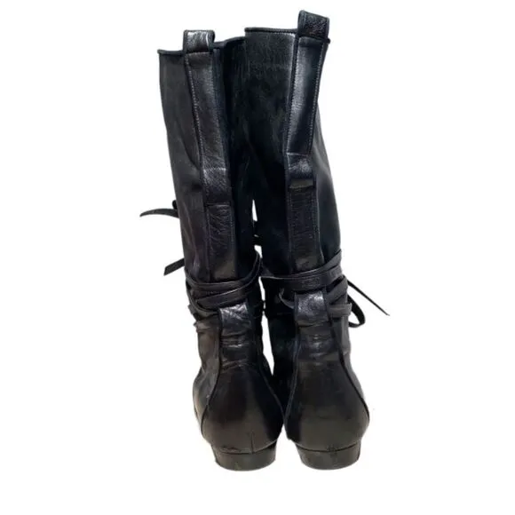 Bohemian Capretto Tall Black Leather Boots With Wrap Around Ties Size 7.5