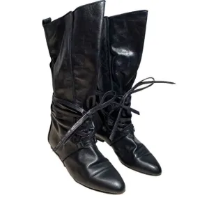 Bohemian Capretto Tall Black Leather Boots With Wrap Around Ties Size 7.5