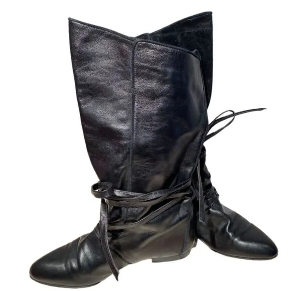 Bohemian Capretto Tall Black Leather Boots With Wrap Around Ties Size 7.5