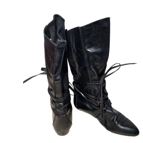 Bohemian Capretto Tall Black Leather Boots With Wrap Around Ties Size 7.5