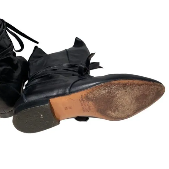 Bohemian Capretto Tall Black Leather Boots With Wrap Around Ties Size 7.5