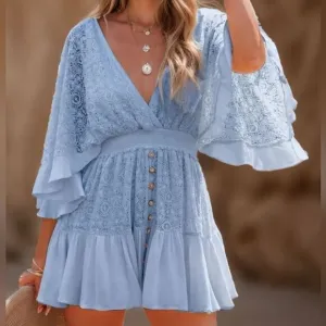 Boho Romantic Lace Overlay Angel Sleeve Mini Dress Lt Blue sz M