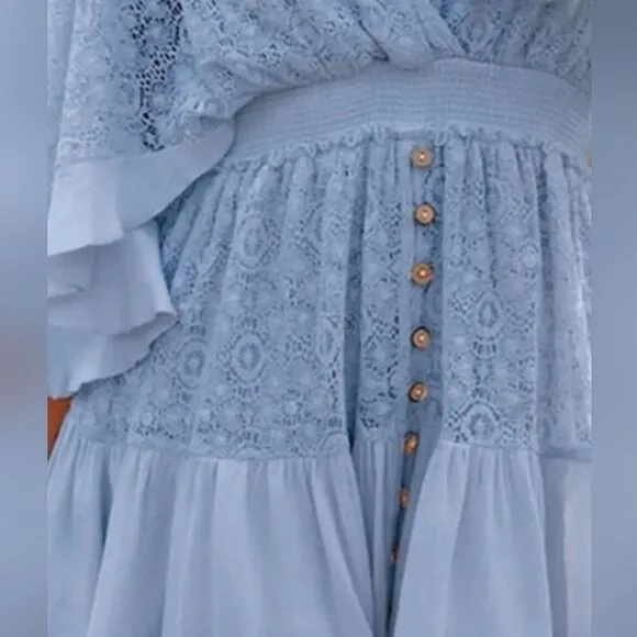 Boho Romantic Lace Overlay Angel Sleeve Mini Dress Lt Blue sz M