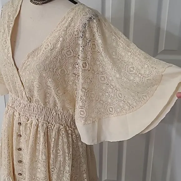 Boho Romantic Lace Overlay Angel Sleeve Mini Dress Lt Blue sz M