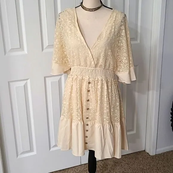 Boho Romantic Lace Overlay Angel Sleeve Mini Dress Lt Blue sz M
