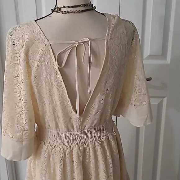 Boho Romantic Lace Overlay Angel Sleeve Mini Dress Lt Blue sz M