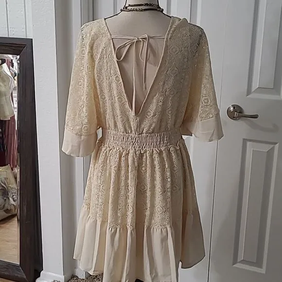 Boho Romantic Lace Overlay Angel Sleeve Mini Dress Lt Blue sz M