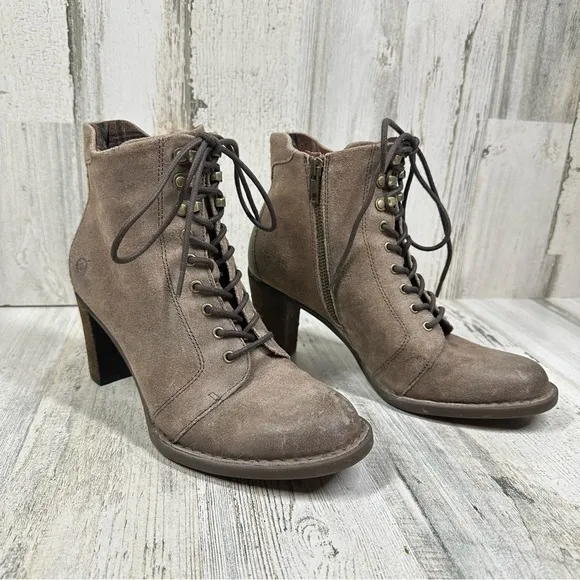 Born Taupe Tan Suede Lace-Up Ankle Boots with Block Heel #569