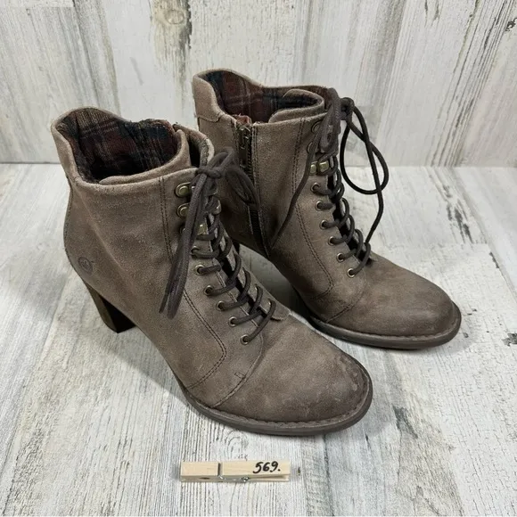 Born Taupe Tan Suede Lace-Up Ankle Boots with Block Heel #569
