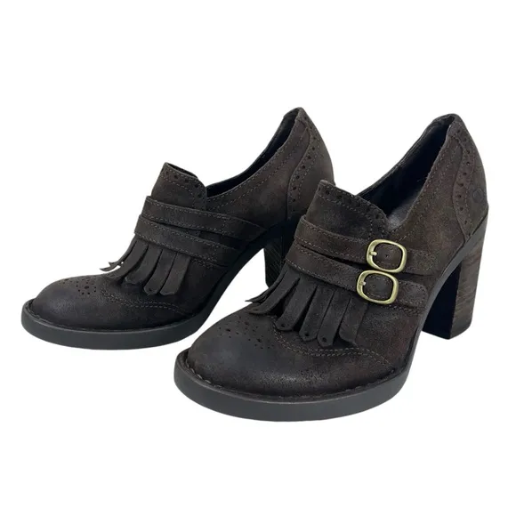 Born Women 6M Hazel Brown Suede Leather Buckles Fringe Oxford Pumps‎ Shoes