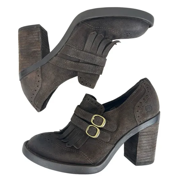 Born Women 6M Hazel Brown Suede Leather Buckles Fringe Oxford Pumps‎ Shoes