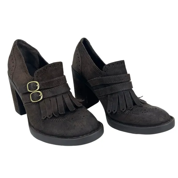 Born Women 6M Hazel Brown Suede Leather Buckles Fringe Oxford Pumps‎ Shoes
