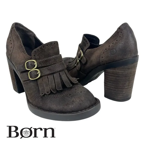 Born Women 6M Hazel Brown Suede Leather Buckles Fringe Oxford Pumps‎ Shoes