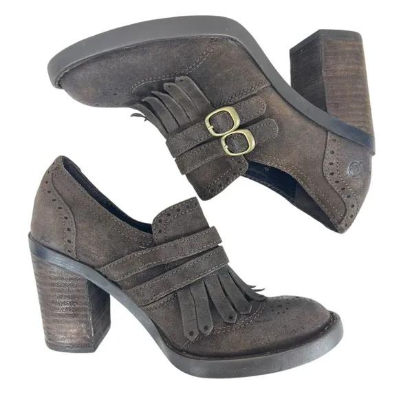 Born Women 6M Hazel Brown Suede Leather Buckles Fringe Oxford Pumps‎ Shoes