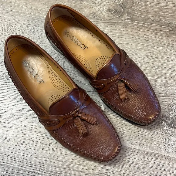 Brass Boot Loafers Shoes Tassel Mens 9 M Brown Handmade Leather India Stitching