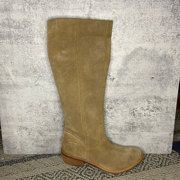 Bronx Light Tan Tall Suede Flat Small Stacked Heel Boots