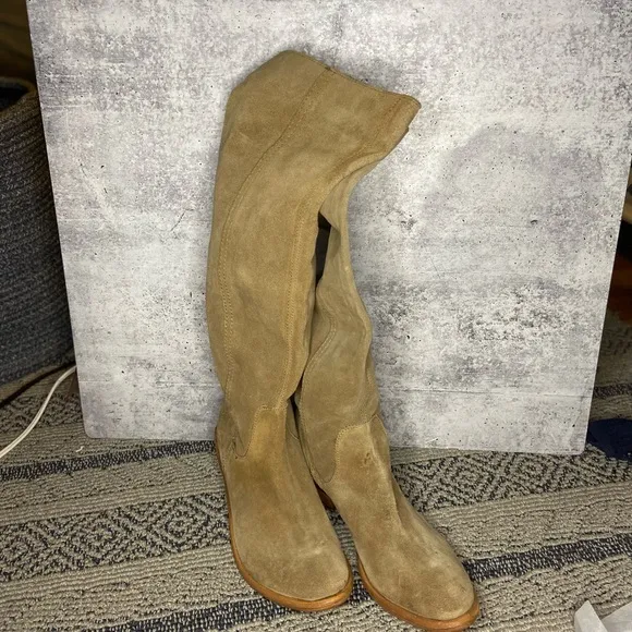 Bronx Light Tan Tall Suede Flat Small Stacked Heel Boots