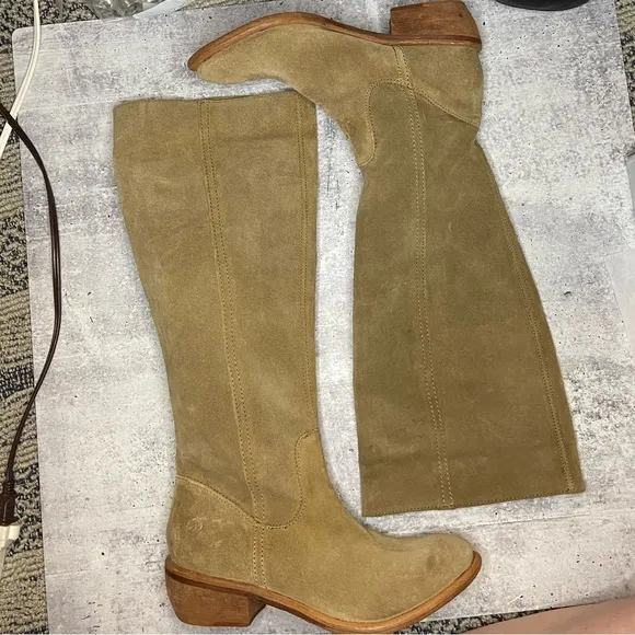 Bronx Light Tan Tall Suede Flat Small Stacked Heel Boots
