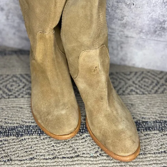 Bronx Light Tan Tall Suede Flat Small Stacked Heel Boots