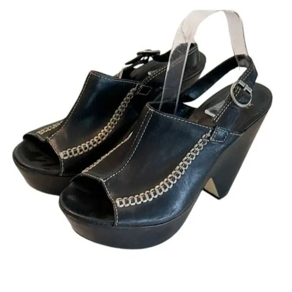 Bronx So Today Black Leather Open Toe Platform Heel Shoes Brazil Size 41/US 10