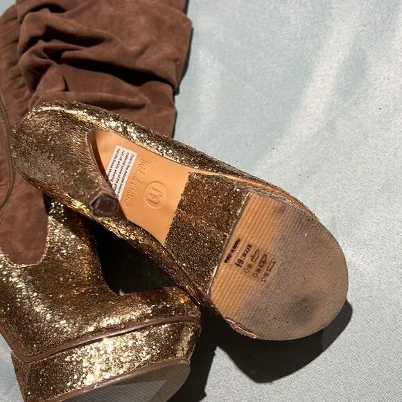 Brown &amp; Glitter GoldFinger KneeHigh Slouch Boots Size 6.5 B44