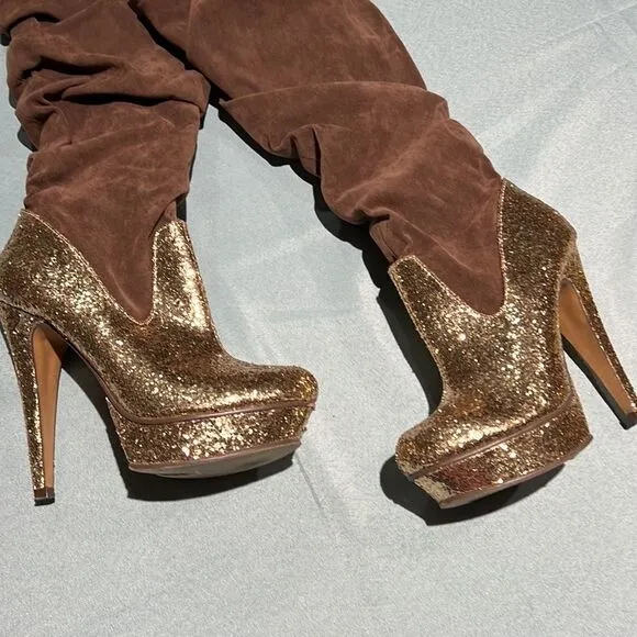 Brown &amp; Glitter GoldFinger KneeHigh Slouch Boots Size 6.5 B44