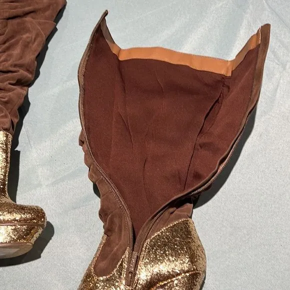 Brown &amp; Glitter GoldFinger KneeHigh Slouch Boots Size 6.5 B44