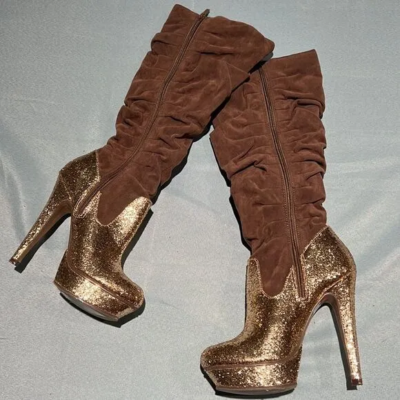 Brown &amp; Glitter GoldFinger KneeHigh Slouch Boots Size 6.5 B44