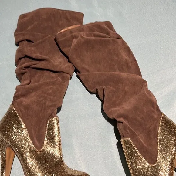 Brown &amp; Glitter GoldFinger KneeHigh Slouch Boots Size 6.5 B44