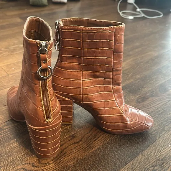 Brown Croc-Embossed Ankle Boots