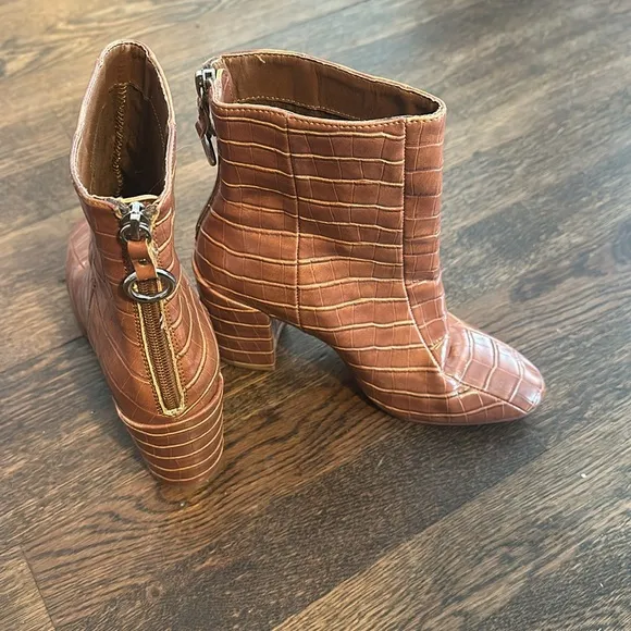 Brown Croc-Embossed Ankle Boots