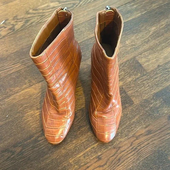 Brown Croc-Embossed Ankle Boots
