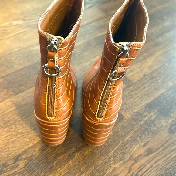 Brown Croc-Embossed Ankle Boots