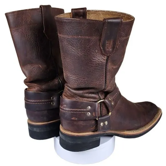 Brown Leather Square Toe Harness Cowboy Boots w Rubber Sole, Size 9.5
