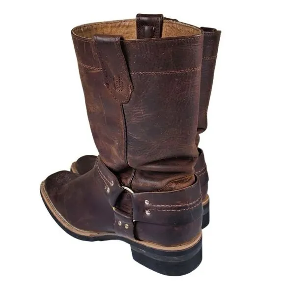 Brown Leather Square Toe Harness Cowboy Boots w Rubber Sole, Size 9.5