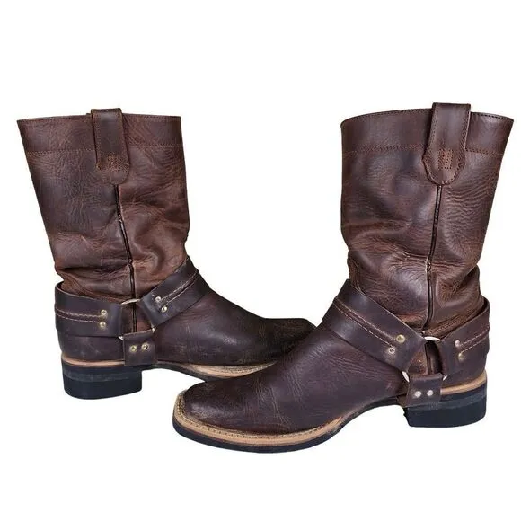 Brown Leather Square Toe Harness Cowboy Boots w Rubber Sole, Size 9.5