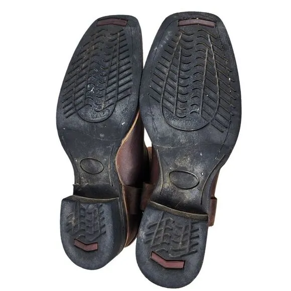 Brown Leather Square Toe Harness Cowboy Boots w Rubber Sole, Size 9.5