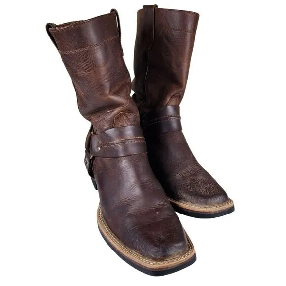 Brown Leather Square Toe Harness Cowboy Boots w Rubber Sole, Size 9.5
