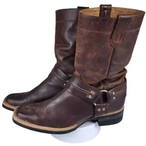 Brown Leather Square Toe Harness Cowboy Boots w Rubber Sole, Size 9.5